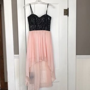 Sequin bodice, sweetheart, flowy, hi-low dress